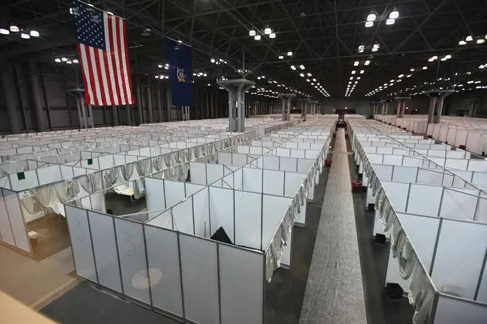 An overhead view of the hospital at the Javits Center.